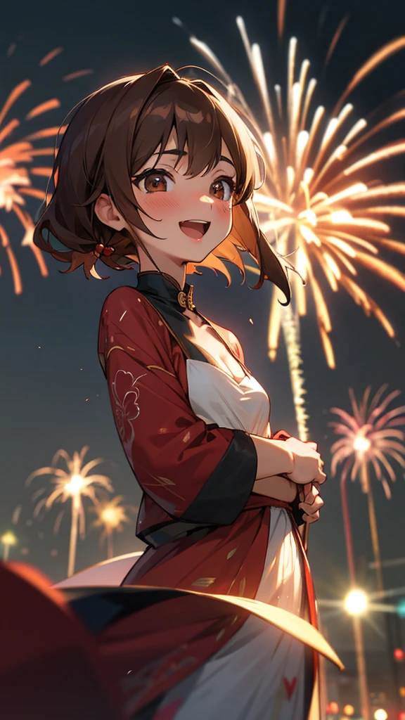 yukata、firework、Cleavage、Gaze, smile, Open your mouth, Brown Hair, Blushing, Small breasts、Background blur,