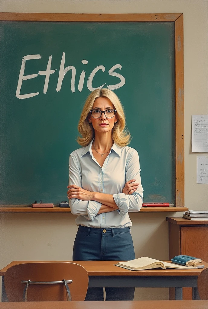 Drawing of a middle-aged woman, Female teacher, inside a classroom, teaching, in front of the blackboard. The name of the subject is written on the blackboard: ethics. A Female teacher usa o cabelo na altura média, blond, wears glasses and looks like Bolsonaro with a wig