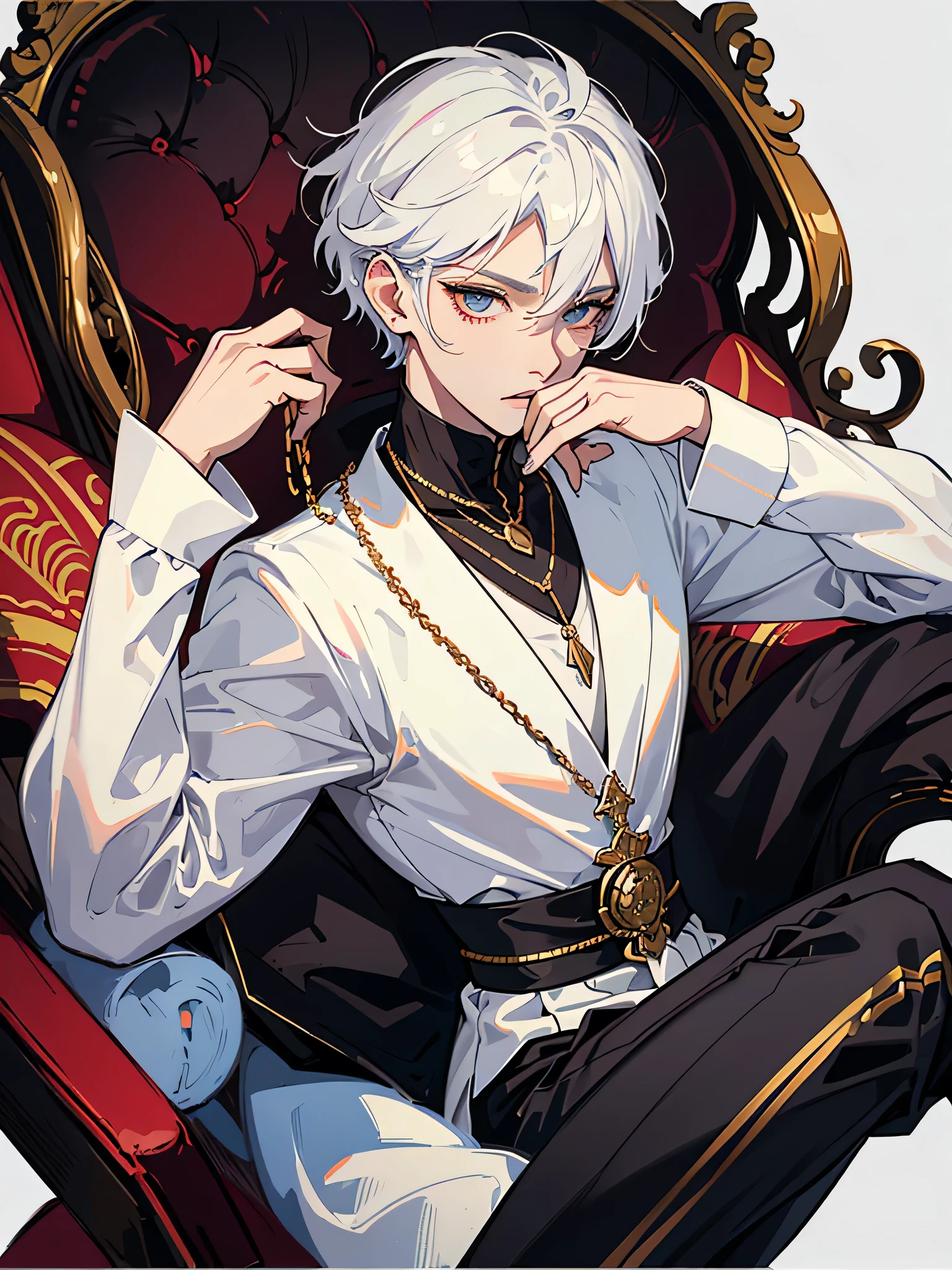 Create an image of Jael, inspired by K-pop idols. Jael is a slim, tall, and feminine man with a beautiful and cute face, combined with a sexy appearance. His short white hair adds a striking and ethereal quality to his look. He wears a crisp white shirt underneath a sleek black outer suit, which is stylish and tailored to emphasize his elegant and alluring presence.
Jael is holding a necklace in his mouth. The necklace should be positioned between his teeth, with the chain draped slightly, adding a mysterious and edgy element to his appearance.
The overall style should be inspired by K-pop idols, focusing on fashionable, trendy details and a captivating charm. Jael has an Alpha personality and calls himself ‘Queen Omega’, indicating his unique and rebellious position within the Serpent clan. The image should blend elegance, mystery, and a hint of defiance, capturing Jael’s distinctive and compelling character.