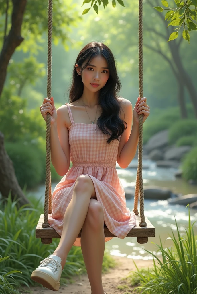 A young Thai chubby woman sits on a wooden swing in a lush green outdoor setting. She is 156 centimeters tall, and 47 kilogram-weight.  She wears a light pink checkered dress and white platform shoes. Her long dark hair falls softly over her shoulder as she gazes thoughtfully at the camera. Surrounding her are vibrant trees and a hint of a stream in the background, creating a serene atmosphere. The ground is covered with grass and small stones, completing the natural scene. Depict a slender young woman with a and graceful figure, sitting on a wooden swing. She has a delicate frame with a small waist, long legs, and a gentle, natural posture. Her arms are slim, and she holds the swing's ropes lightly, adding to the overall impression of elegance. The setting is an outdoor scene with a green, leafy background, complementing her soft and feminine presence.