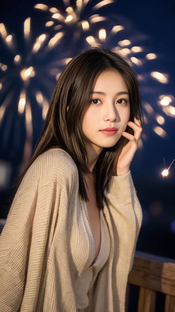 high resolution、Japanese women、Beauty、cute、Brown long hair hairstyle、Small face、Beautiful skin、Large breasts、Reality Stick、night、（Fireworks:1.5）、outside、Sexy pose、Sexy look、The yukata is long-sleeved and closed in the front、The yukata is not open in the front