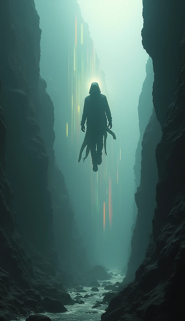 abstract photography, mystery explorer levitating above a dark canyon, diffraction, in the style of 
analog_diffraction_style 