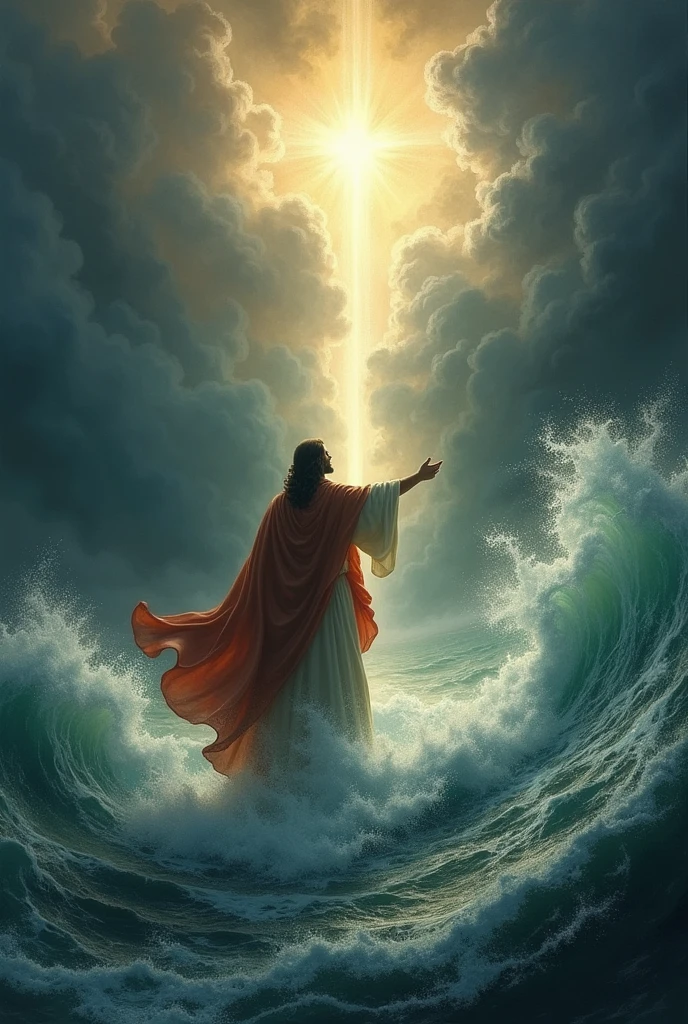 A powerful image of Christ standing in the midst of a stormy sea, holding a beacon of light that breaks through the dark clouds. The scene symbolizes Christ as the Savior, delivering humanity from suffering and sin. In the background, the waves are turbulent, but the light from Christ's beacon calms the storm, representing the victory over sin and death."