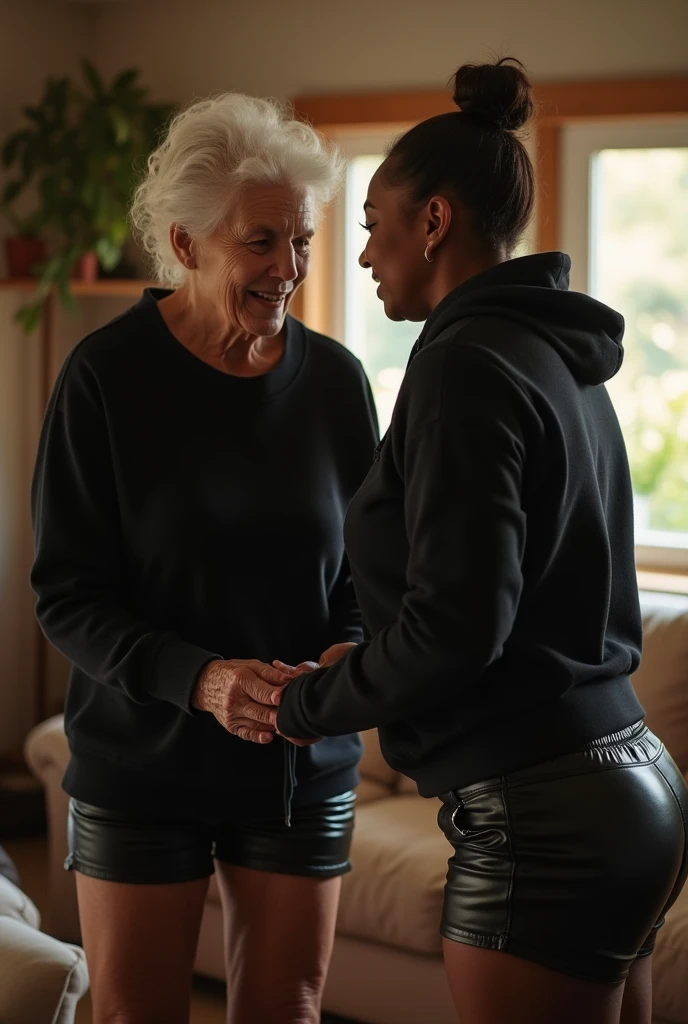 black woman hair in a bun black hoodie black leather short shorts getting fucked in the ass by a old age white grandma in a dress in a living room