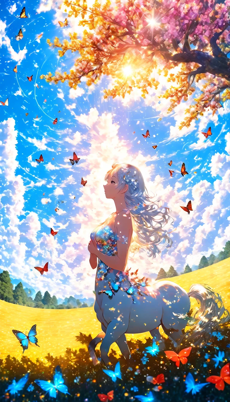 masterpiece, 1 centaur, looking up at the sky), (Many butterflies flying in the sky), Beautiful sky, summer，Colorful flowers are blooming everywhere, Mysterious and dreamy ,Giant Tree，quality\(8K,CG wallpaper, masterpiece,High resolution,top-quality,Surrealism,Increased resolution,RAW Photos,Best quality,Very detailed,Light,Ray Tracing,Golden Ratio) solid circle eyes, silver hair, half-closed eyes, sad, drop shadow, anaglyph, stereogram, tachi-e, atmospheric perspective, wide shot, reflection light, 8K, super detail, best quality, anatomically correct,female centaur
