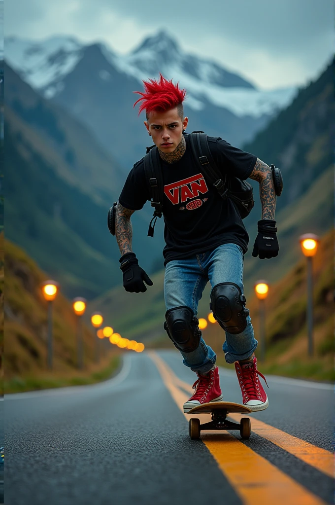 a young Punk skateboarding with red mohawk and upturned jacket covered in tattoos on his arms, confidently riding a skateboard down a winding mountain road ferry fast, framed by the night golden light of the street. He is wearing a black t-shirt with a vintage VAN logo on his chest and a bag on his back, and denims jeans and use red converse shoes. The man look at the camera, his hands protected by black gloves, adding a personal touch to the thrilling scene. He also wears knee and elbow pads, ensuring safety as he navigates the turns with ease. The background is midnight lanscape features rolling green hills and snow-capped mountains in the distance, creating a stunning contrast to the rider’s dynamic movements, amplifying the excitement. In the distance. The image exudes the thrill of downhill skateboarding, the beauty of the natural scenery, and the fearless energy of the rider, with an Instagram-worthy night atmosphere.