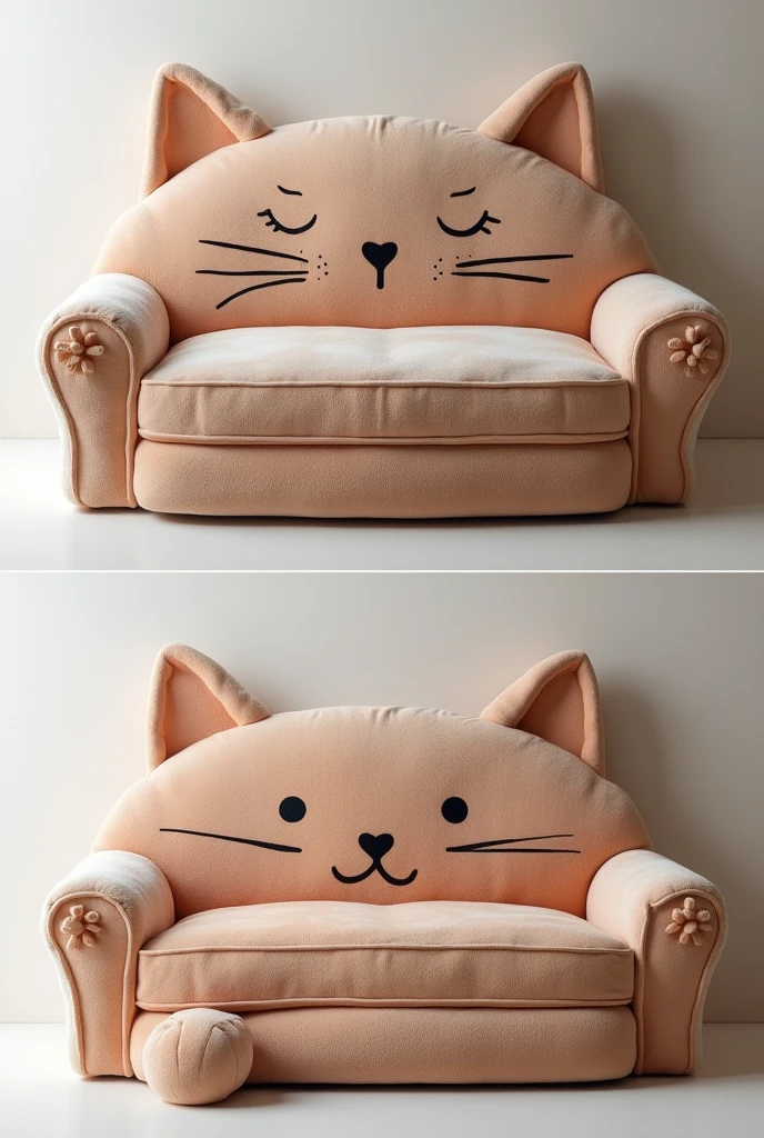 "Create a whimsical sofa that looks like a large, friendly cat, with a full backrest shaped like a cat’s head. The sofa should be made entirely from soft, furry fabric, with the headrest featuring large, realistic cat ears extending upwards and a face with detailed eyes, nose, and whiskers. The armrests should be designed to resemble the cat’s paws, with soft, padded surfaces for comfort. The seating area should be spacious and comfortable, with plush cushions that invite you to sink in. The base of the sofa could be shaped like the cat’s body, with the tail curling around the bottom. This sofa should be both fun and comfortable, ideal for a living room or a cozy reading nook."