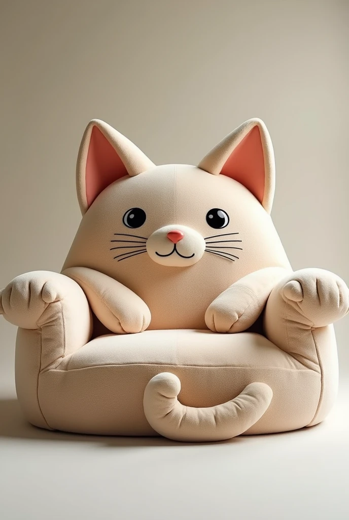 "Create a whimsical sofa that looks like a large, friendly cat, with a full backrest shaped like a cat’s head. The sofa should be made entirely from soft, furry fabric, with the headrest featuring large, realistic cat ears extending upwards and a face with detailed eyes, nose, and whiskers. The armrests should be designed to resemble the cat’s paws, with soft, padded surfaces for comfort. The seating area should be spacious and comfortable, with plush cushions that invite you to sink in. The base of the sofa could be shaped like the cat’s body, with the tail curling around the bottom. This sofa should be both fun and comfortable, ideal for a living room or a cozy reading nook."