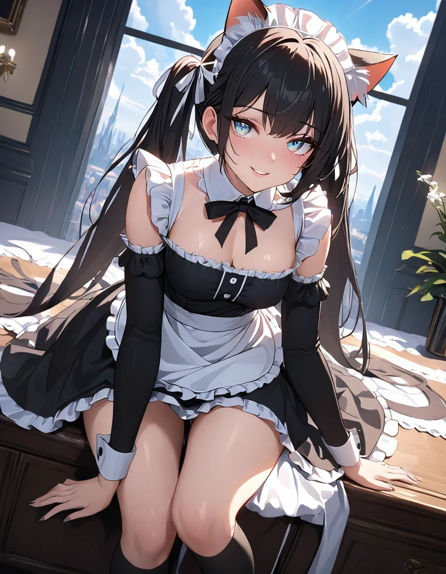 (high quality, 8k, 4K, High Contrast, masterpiece:1.2, 最high quality, Best aesthetics), beauty, maid,Cat ear, Very detailed, Seductive and erotic girl, smile,  Focus on the face, Complex eyes, Black knee-high socks, ガHataーベルト、Dynamic Angle、The finer details、Ray Tracing、Red cheeks、Lip details、Beautiful eyes（Hata、skirt）、ribbon、race