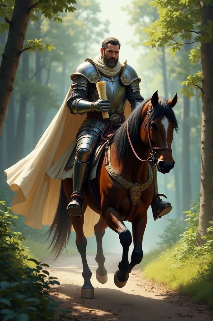 A knight riding his steed with a scroll