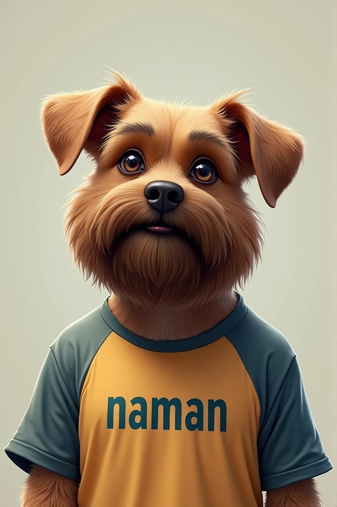 A dog with a beard men, naman is written on his shirt 