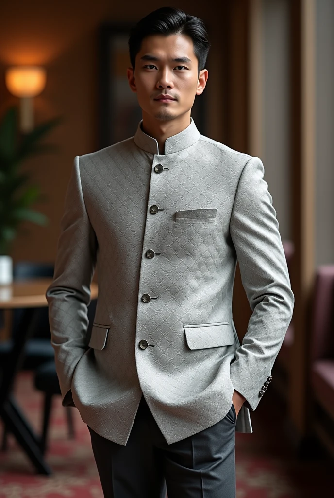 A man wearing a short light gray diamond flower pattern songket coat in dark gray and gray slacks