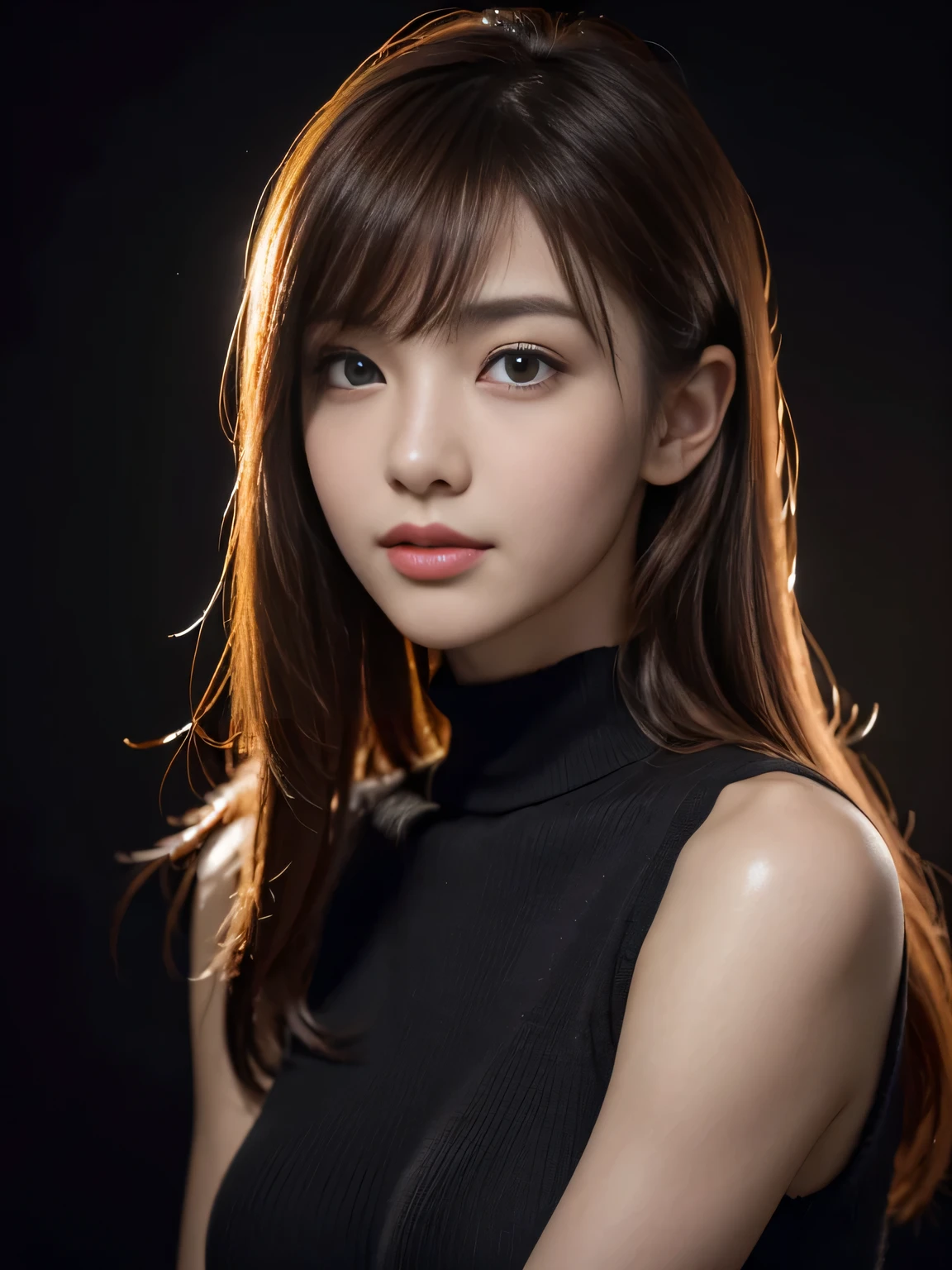 masterpiece, best quality, ultra-detailed, intricately detailed hyperdetailed, realistic, sharp features, highly detailed, sharp focus, A very beautiful and cute young Japanese girl, perfect face, perfect symmetrically eyes, perfect lips, flexible female form, hyper detailed, hyper realistic, high resolution, Underexpose Lighting, slim body, (discret smile, gentle expression), Red hair, thin hair, asymmetrical bangs, brown Eyes, black sweater, cowboy shot, ((Dark background)), (Dark room:1.3), (rim light:1.3), (Dimly light:1.3), (Dark night:1.3), (dark fantasy), 