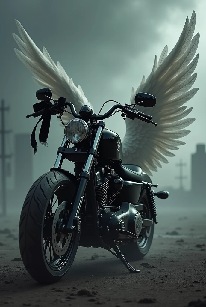 Harley motorcycle with angel wings and a black mourning bow