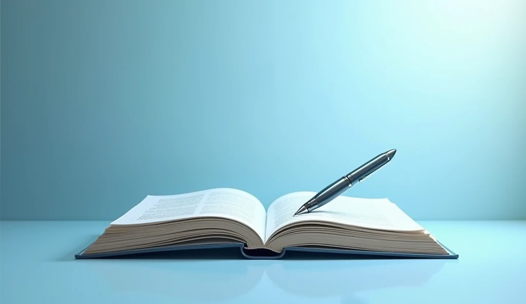 (photorealism:1.2),  Image of an open book with a pen writing, fill the ftame with a soothing light blue background.