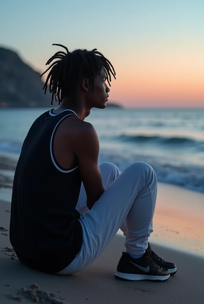 A thin man, featuring, black jersey, White pants, Jordan sneakers, sentado olhando pra o horizonte na praia quase de noite featuring cabelo de dreds