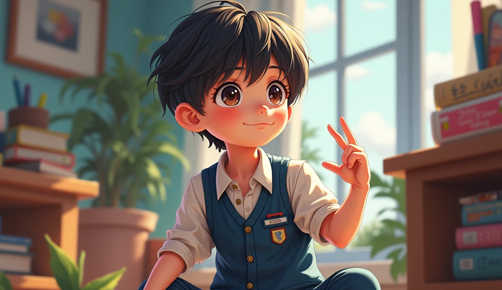A vibrant and engaging anime-style 1 boy with a smart appearance, sitting sitting in front on me