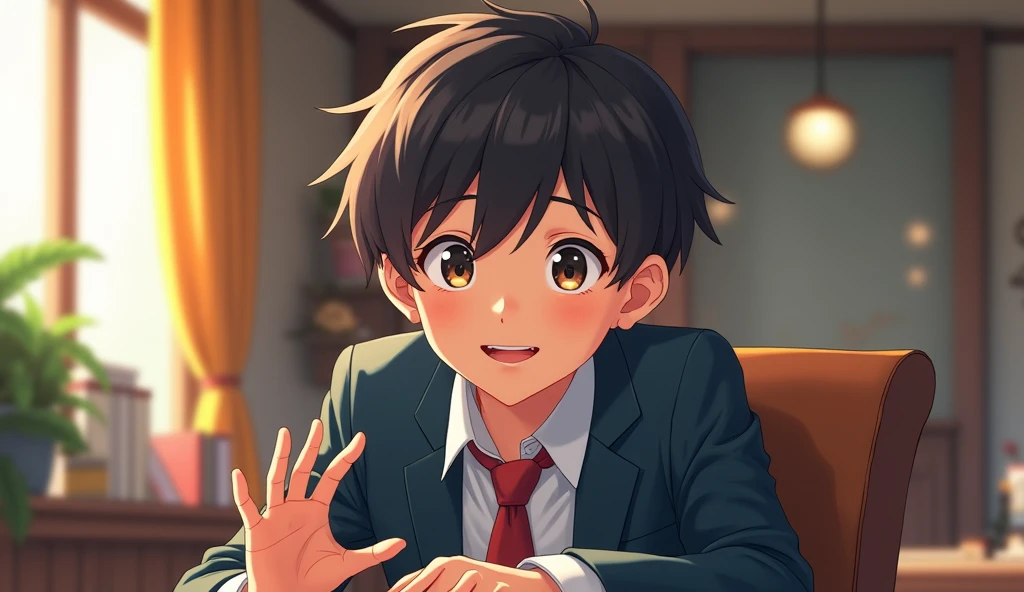 A vibrant and engaging anime-style 1 boy with a smart appearance, sitting sitting in front on me