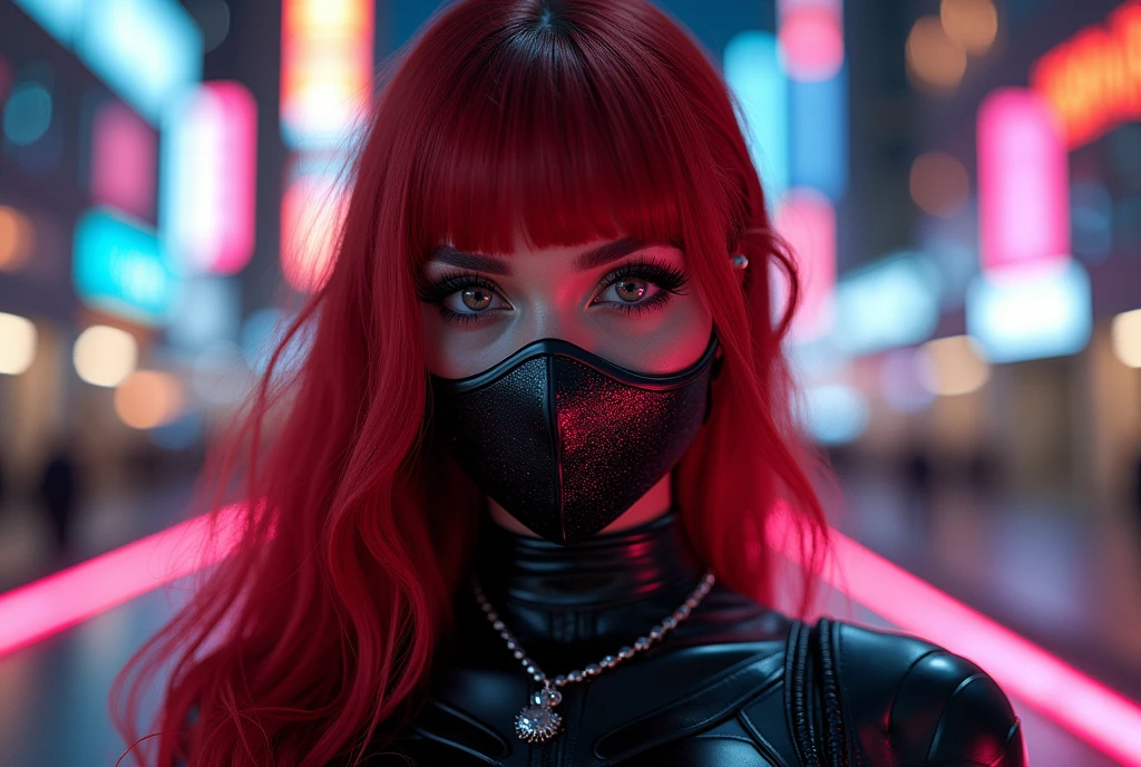 ((Very beautiful girl)), 8k, Young beautiful girl, ((dark red hair)), red long hair, with bangs, complex makeup, big breasts, ((perfect breasts)), ((medical mask on mouth)), black medical leather mask, ((big expressive black eyes)), big eyes, ideally beautiful girl, jewelry, glitter, ((perfect hands)) glowing belt, ((in cyber suit)), Background: neon, night, Washington, city, many details, first person, close-up, neon lighting, contour neon lighting,