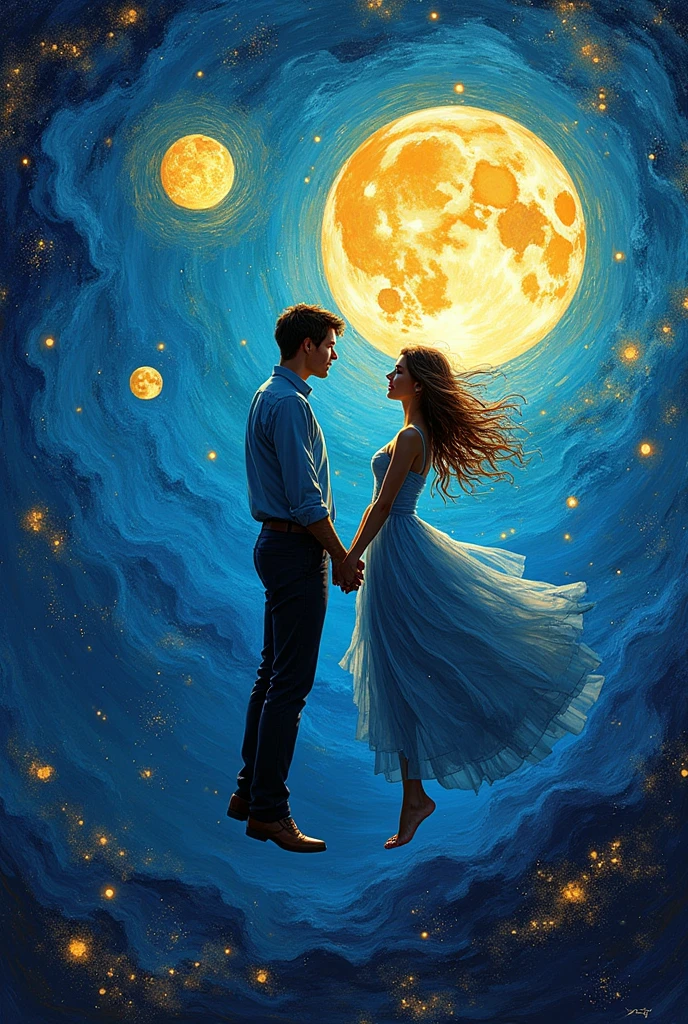 couple holding hands in space bright moon and sun painted by van gogh