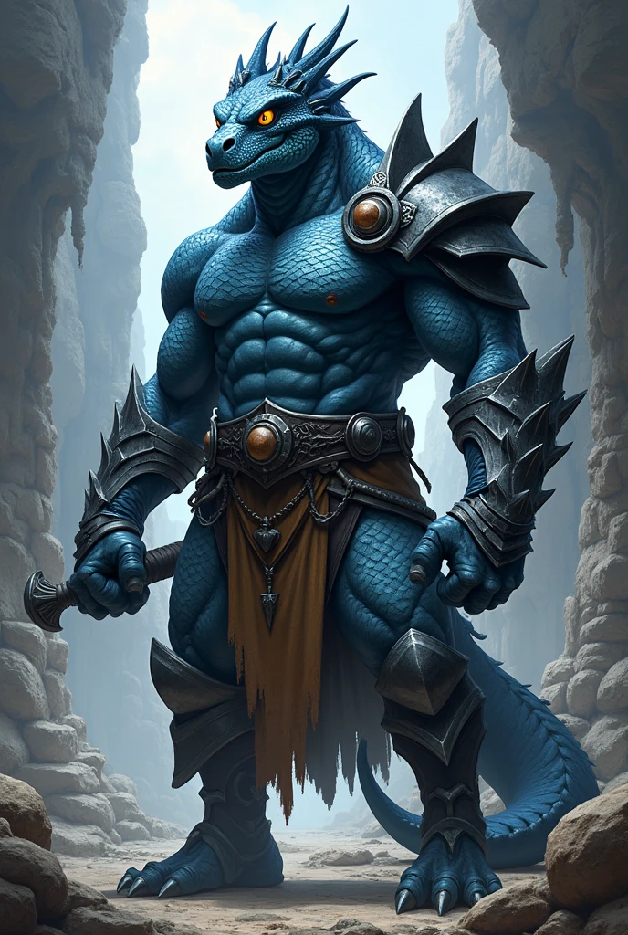 Make a male character from D&D breed: Dragonato dark blue skin 1 Class: warrior