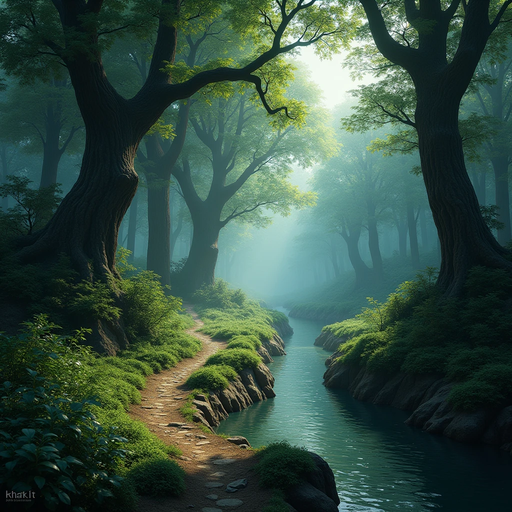 Forest trail, ground level, river following trail, Gothic art, ray tracing, masterpiece, accurate, super detail, high details, highres, 1080P, HD, 4K, 8k, 16k, best quality