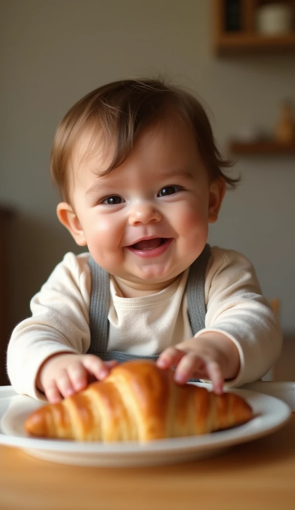 Create UHD photorealistic realistic photo, no animation, no 3D image, no Pixar style animation, no extra fingers. 18-month-old French boy with chubby cheeks, sitting in a high chair, eagerly reaching for a plate of croissants. Canon EOS R5, 50mm f/1.2 lens, shallow depth of field. Soft, warm lighting. Professional family portrait style.
