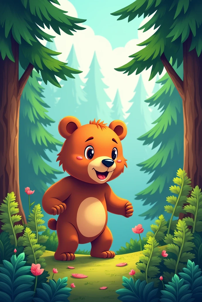 Create a cartoon cover of a brown bear in the forest