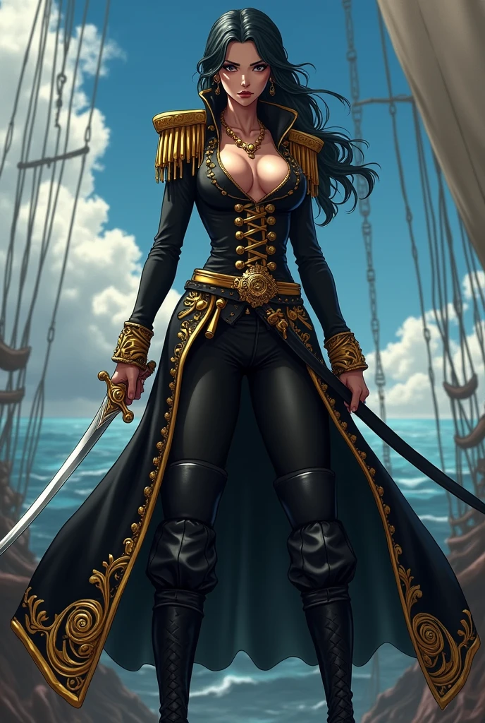 pirate outfit based on the anime One Piece for a vice captain, She is the one who commands the crew when the captain is not there. Do this whole body. I want something more intimidating. I want something that commands respect, less cuteness and more fear. Keep the black and gold clothing pattern. is a woman.