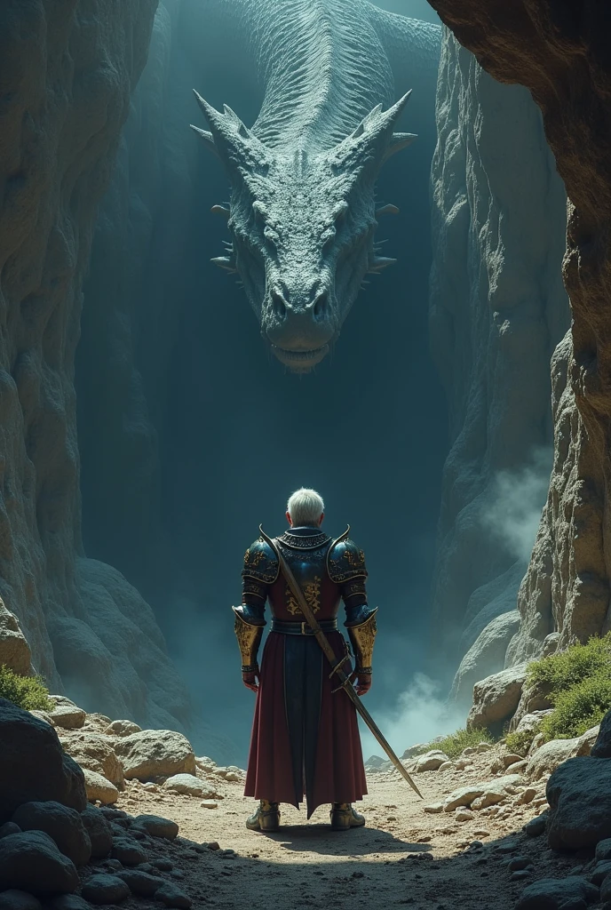 A knight sitting at the door of a cave waiting for a giant snake inside