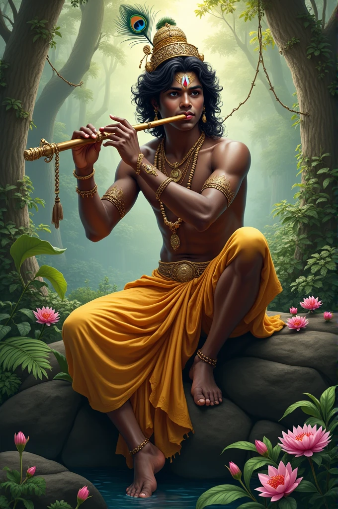 Krishna god with fluit sitting on the jungle