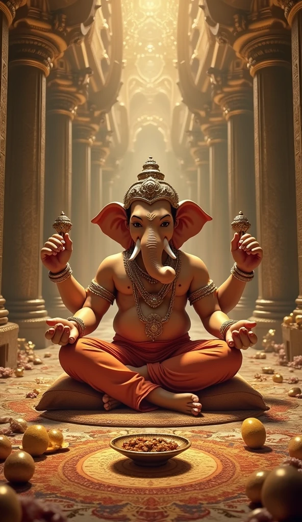 cena com Ganesha o deus hindu. Ganesha and a man with four arms, fat and with an elephant head. he should be sitting on the floor on a pillow wearing traditional Hindu pants, with a feast in front of you. behind Ganesha there must be golden pillars. There must be jewelry and gold scattered around the place. Ganesha must be wearing gold bracelets on all four arms.