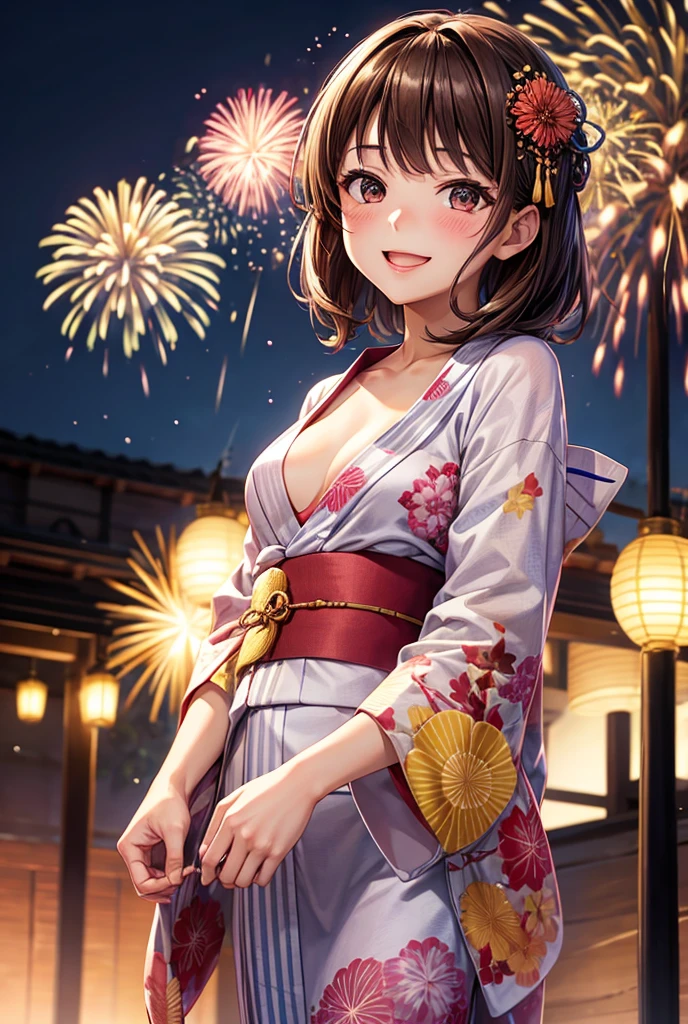 yukata、firework、Cleavage、Gaze, smile, Open your mouth, Brown Hair, Blushing, Small breasts、Background blur, 