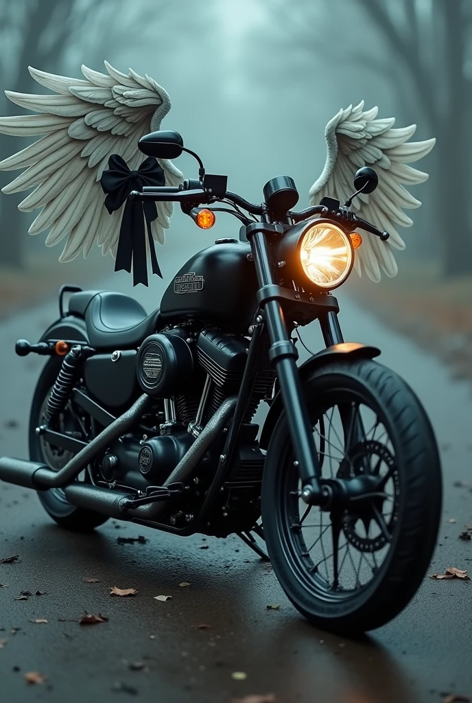 Harley motorcycle with angel wings and a black mourning bow
