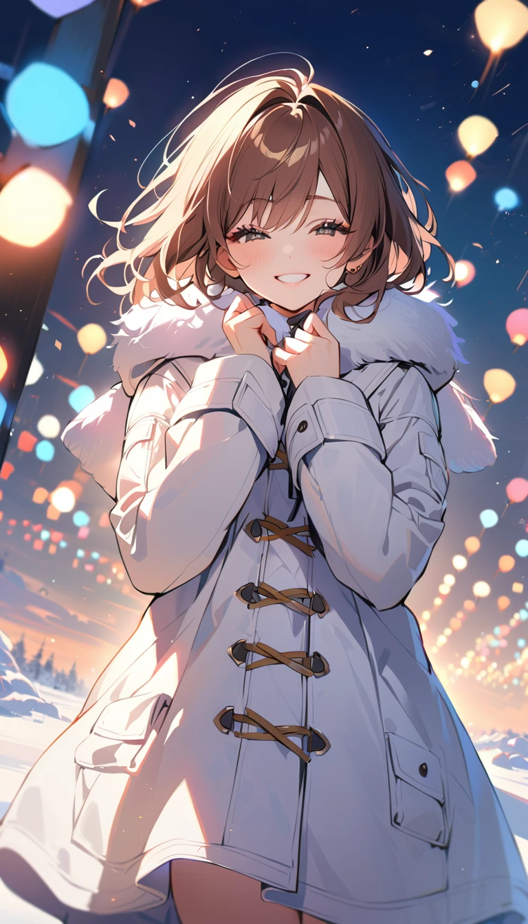 1woman, solo, brown hair, black eyes, detailed eyes, eyelashes, light lips, Close her eyes and smile, happy, 25years old, white duffle coat, fur,  looking at viewer, cowboy shot, snowy landscape, Film Lighting