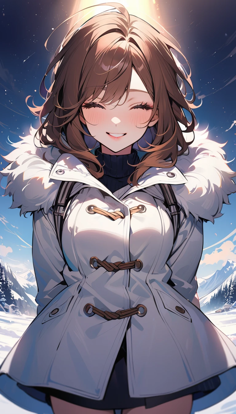 1woman, solo, brown hair, black eyes, detailed eyes, eyelashes, light lips, Close her eyes and smile, happy, 25years old, white duffle coat, fur,  looking at viewer, cowboy shot, snowy landscape, Film Lighting