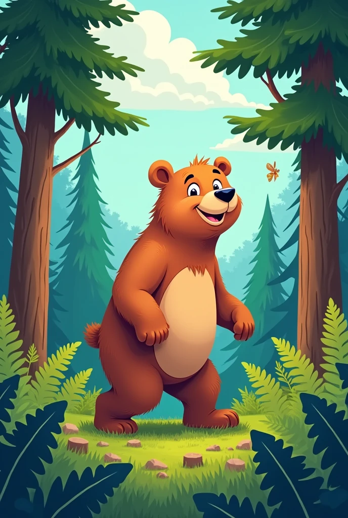 Create a cartoon cover of a brown bear in the forest