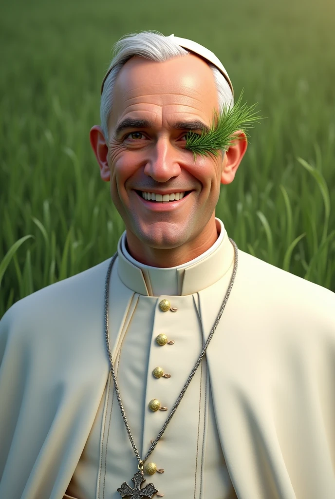 "Create a realistic image of a 40 years young pope in traditional papal attire, including a white cassock, white dress with smile and grass on eye