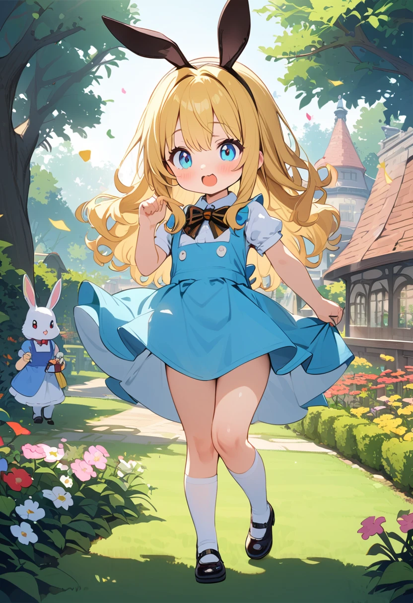 Girl、kindergarten body,cute, little、yellow long hair,rabbit ears,alice in the wonderland、Alice in Wonderland Costume、Yellow paper、Wavy hair、light blue  eyes、Alice in Wonderland background、onepiece,full body,flashing,garden,best quality,masterpiece,