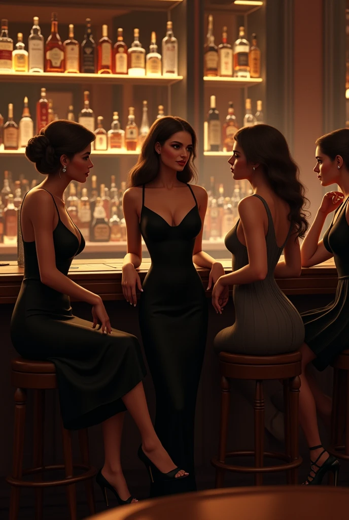 Women at the bar of a fancy bar talking, Full body shot, One of them has a simple black dress but stands out more than her friends and they all dress elegantly.
