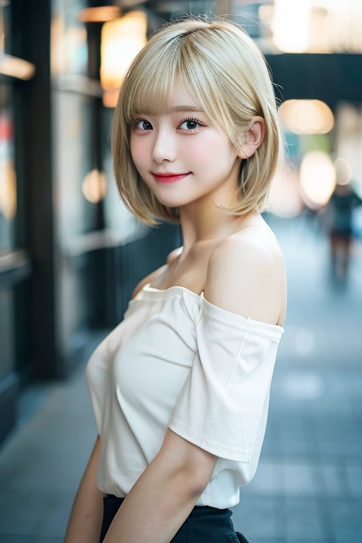 table top, highest quality, 8K, 1 student, Raw photo, absurd, award-winning portraits, smile, one person, idol face, teenager, Beautiful, short hair , ((blond hair)) ,(ground level shot:1.1),(shot from the waist up),(low position:1.1),(Low - Angle:1.1),Natural light, (sexy), very small breast, delicate girl, Digital single-lens reflex camera, looking far away, Frank, Sophisticated, thin arms, professional lighting, film grain, chromatic aberration, (Eye and face details:1.0), (Bokeh:1.1) , close her mouth , short hair , ((blond hair)) ,small breasts, (Whole human body), wide Shots, graceful body structure, dynamic moving pose, high school girl、Off-the-shoulder t-shirt、Tulle miniskirt