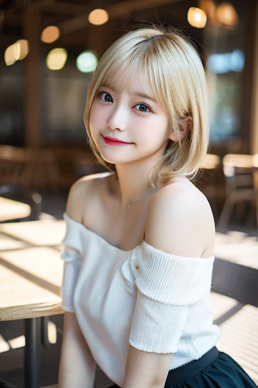 table top, highest quality, 8K, 1 student, Raw photo, absurd, award-winning portraits, smile, one person, idol face, ager, Beautiful, short hair , ((blond hair)) ,(ground level shot:1.1),(shot from the waist up),(low position:1.1),(Low - Angle:1.1),Natural light, (sexy), very small breast, delicate girl, Digital single-lens reflex camera, looking far away, Frank, Sophisticated, thin arms, professional lighting, film grain, chromatic aberration, (Eye and face details:1.0), (Bokeh:1.1) , close her mouth , short hair , ((blond hair)) ,small breasts, (Whole human body), wide Shots, graceful body structure, dynamic moving pose, high school girl、Off-the-shoulder t-shirt、Tulle miniskirt