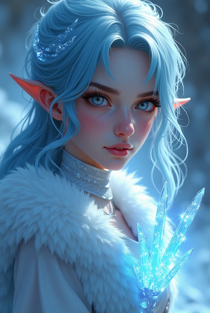 Fantasy portrait of a young female human ice mage with light blue hair adorned in light armor, her extremely long eyelashes highlighted by the mystical glint of ice crystals, digital painting, highly detailed, dramatic lighting