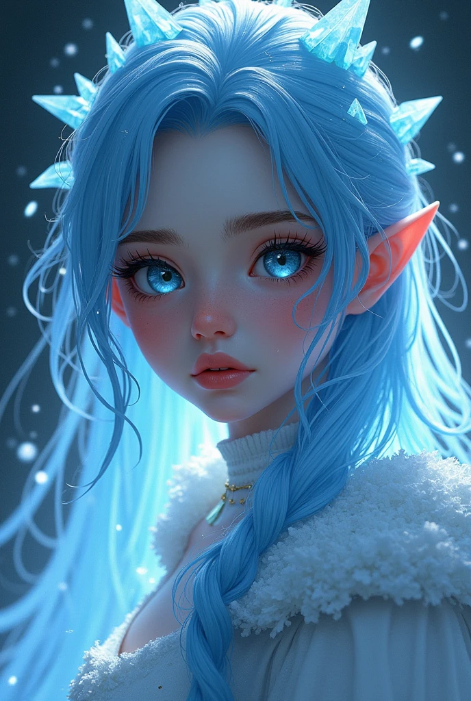 Fantasy portrait of a young female human ice mage with light blue hair adorned in light armor, her extremely long eyelashes highlighted by the mystical glint of ice crystals, digital painting, highly detailed, dramatic lighting