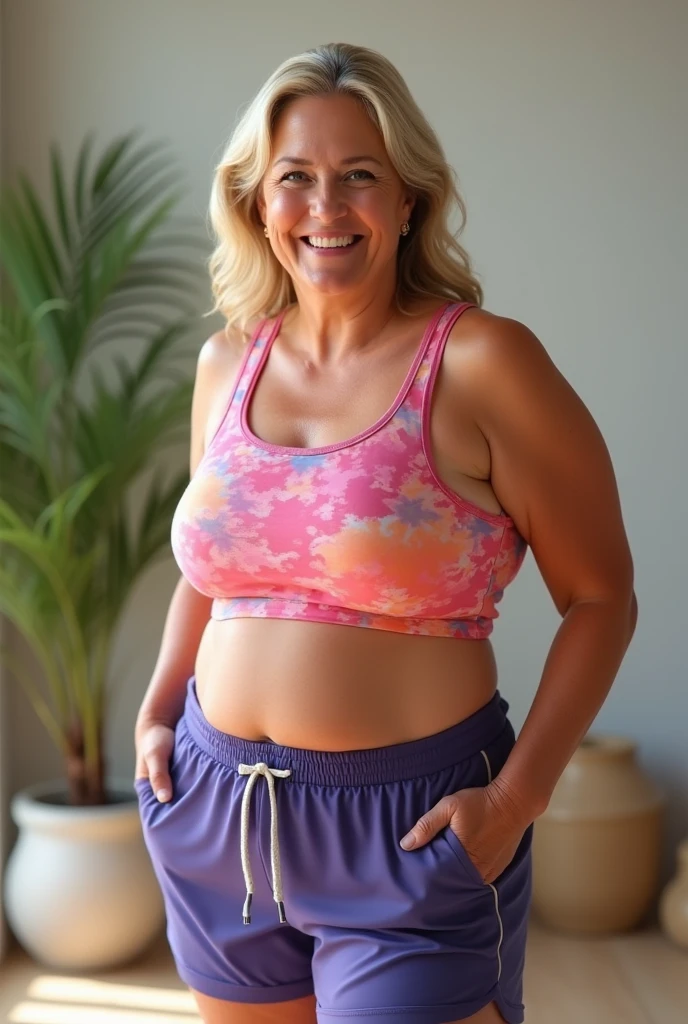 obese woman blond 40 years porte une chemise de sport et un short en lycra coloré et sourit