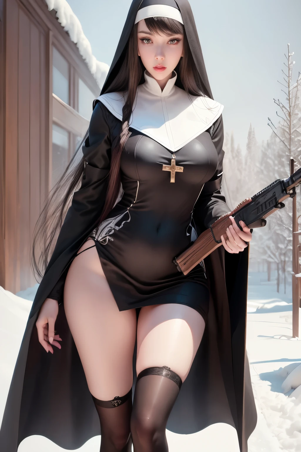 Photorealistic, high resolution, Beautiful tall woman, Solo, Hips up, view the viewer, (Detailed face),Black color hair, Long hair, Young nun costume, Stockings，Snow background, Girl aiming assault rifle
