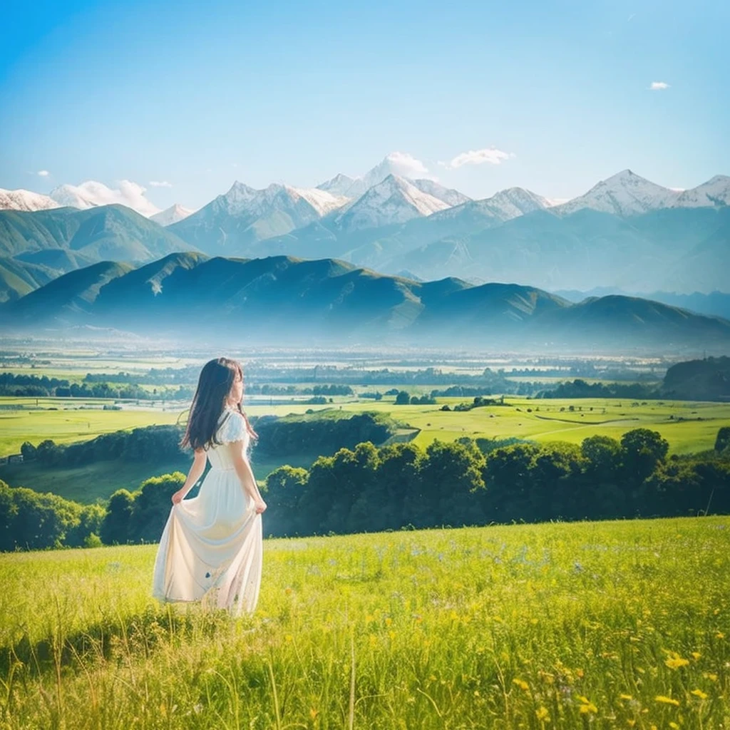 girl standing on the meadow、girl in a white dress、sky high and blue、sunny、I can see mountains in the distance、far away、stare into the distance、Standing in the distance、wide grassland