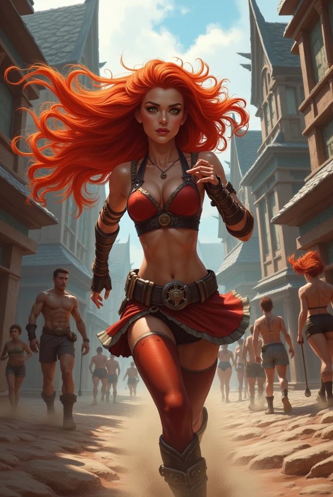 A highly detailed anime-style portrait of a stunningly beautiful woman with vibrant red hair, running through the streets of Orgrimmar from World of Warcraft. Her hair flows dramatically behind her as she moves, capturing the intensity and energy of the scene. She is dressed in form-fitting, fantasy-inspired attire that accentuates her figure, exuding both beauty and confidence. The environment of Orgrimmar is vividly portrayed, with the rugged, tribal architecture and the bustling atmosphere of the city in full detail