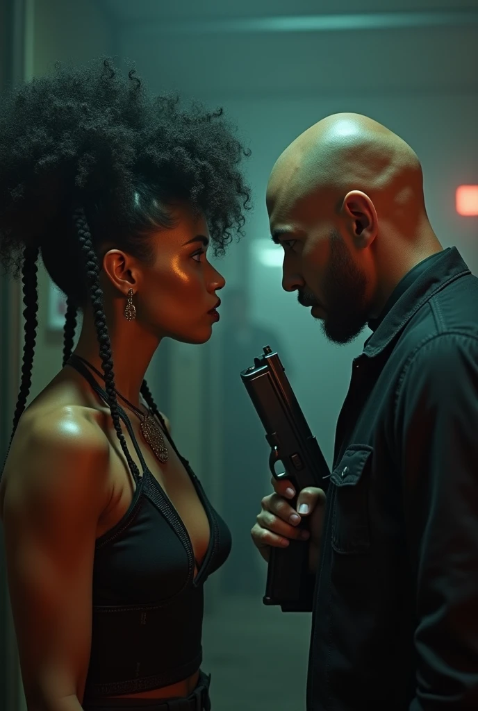 A woman with curly hair and braids is holding a gun. Just ahead, your bald boyfriend with a gun