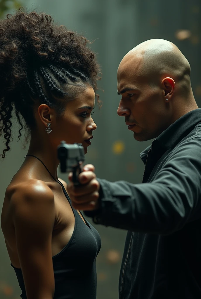 A woman with curly hair and braids is holding a gun. Just ahead, your bald boyfriend with a gun
